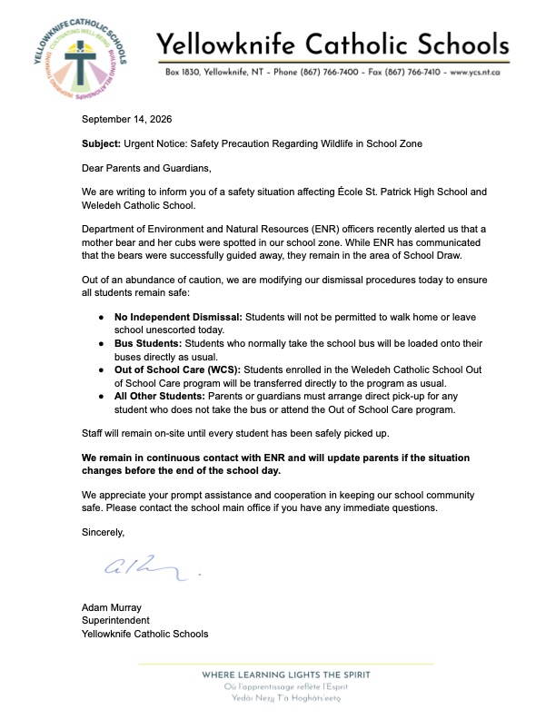 WCS ESPHS Urgent Notice Safety Precaution Regarding Wildlife in School Zone (1)